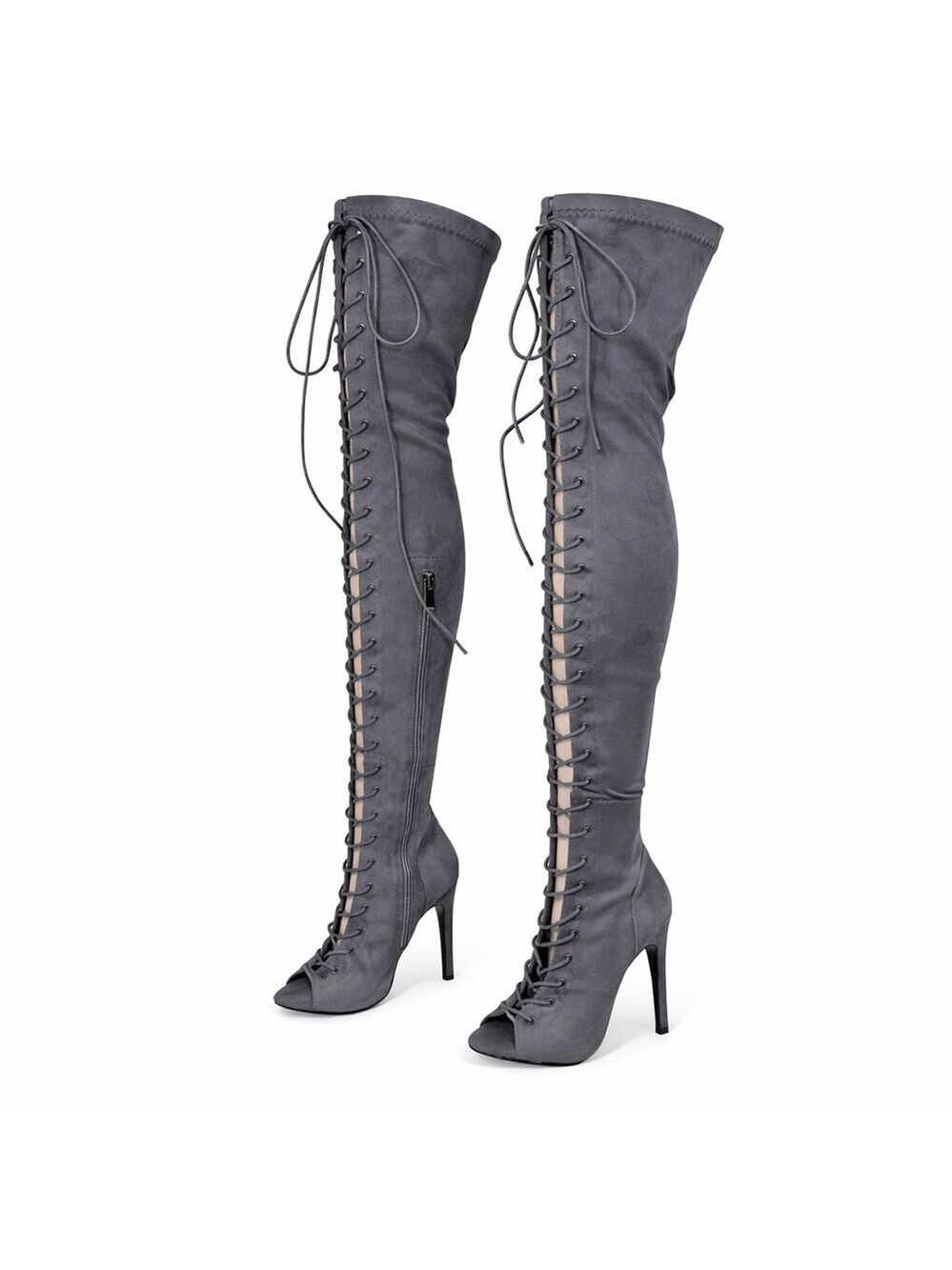 NIB Top Show Gray Stretch FX Suede Lace Up Open Toe High Heel OTK Boots